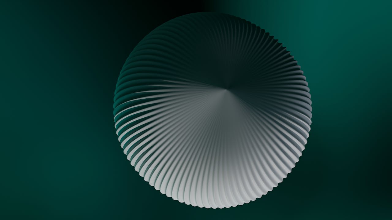 3D geometric art featuring a textured spiral sphere on a dark green background.